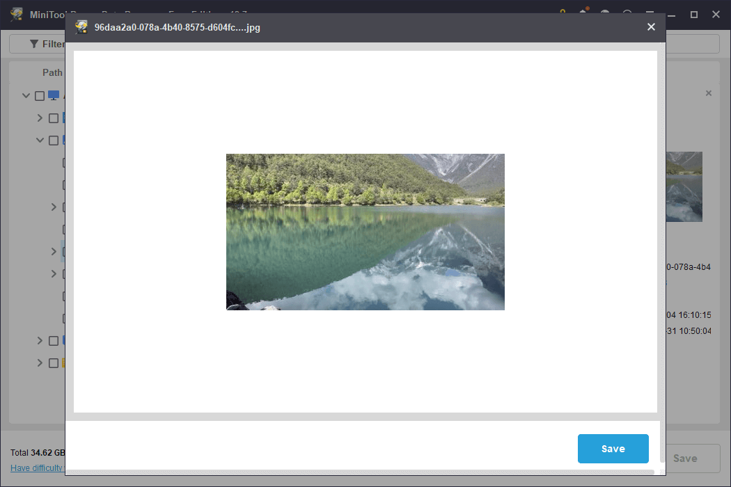 Preview interface in MiniTool Power Data Recovery showing a lake of display for file verification.