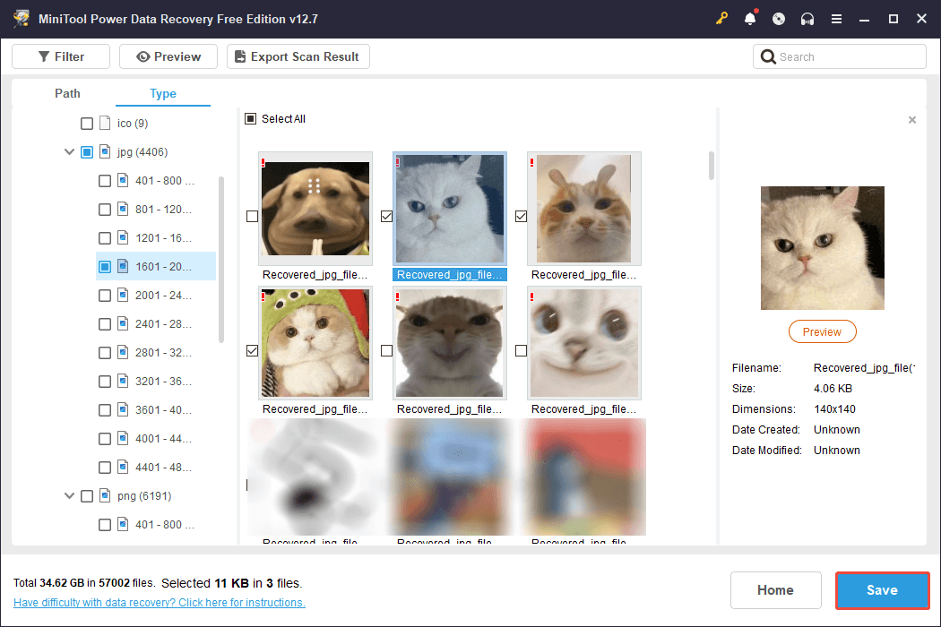 MiniTool Power Data Recovery interface showing the listed photos that can be recovered, with Save highlighted.