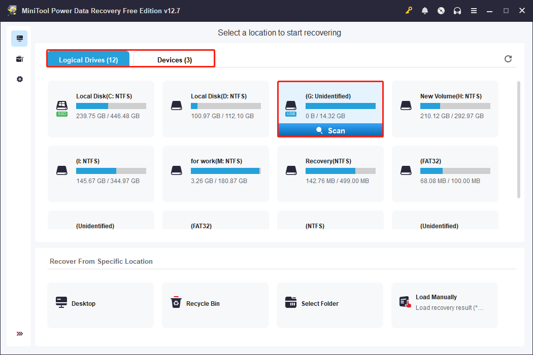 MiniTool Power Data Recovery interface showing the Scan icon highlighted on the Unidentified USB drive under Logical Drives.