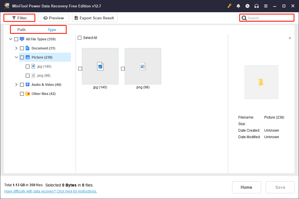 MiniTool Power Data Recovery interface with Path, Type, Filter, and Search selected to find the target files.