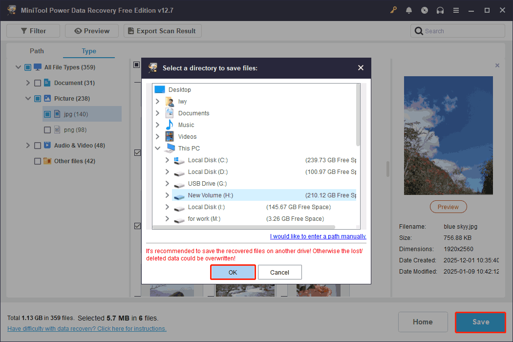 MiniTool Power Data Recovery interface with the Save button selected and a list of paths to save files to a specific place.