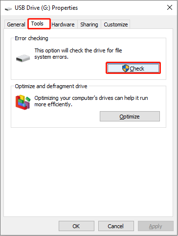 Disk properties window with the Tools tab open, showing the Check button selected to detect file system errors.