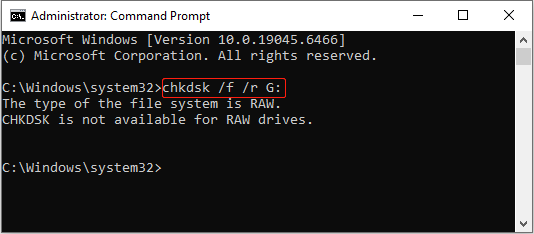 Command Prompt interface showing the output of the CHKDSK command to repair the RAW USB flash drive.