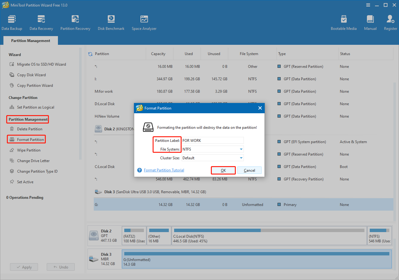 MiniTool Partition Wizard window with Format Partition selected, displaying a dialog to set file system and partition table.