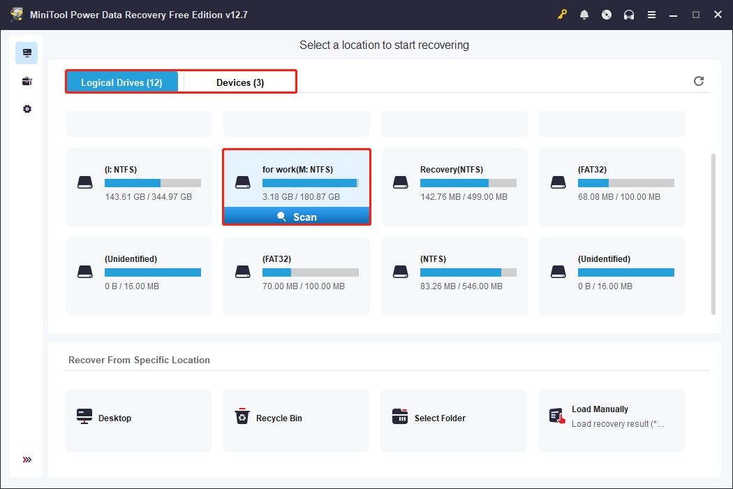 The MiniTool Power Data Recovery interface displays a list of partitions, with the target partition selected for scanning.