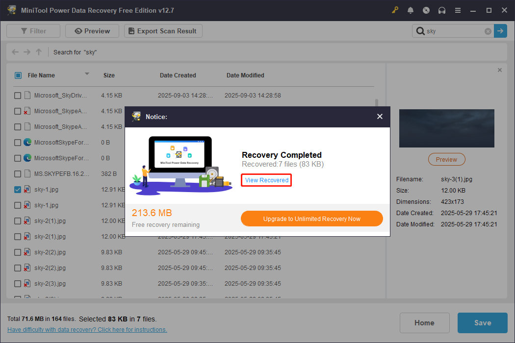 A Recovery Completed window with a View Recovered button embedded on the MiniTool Power Data Recovery interface.