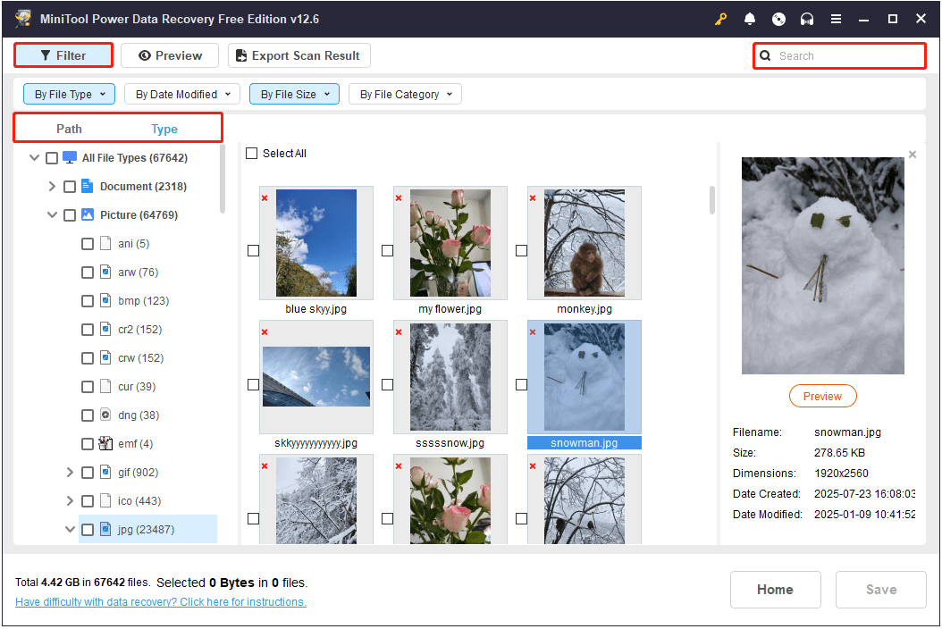 Utilisez les fonctions Chemin, Type, Filtre et Recherche pour localiser les fichiers souhaités dans MiniTool Power Data Recovery.