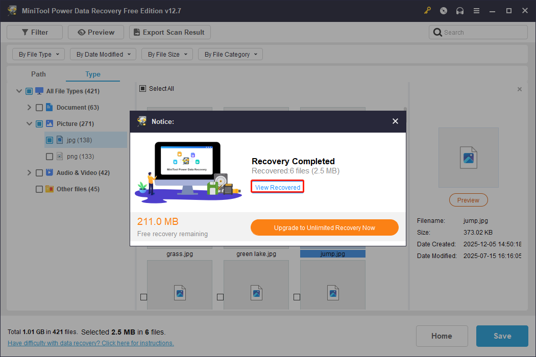 The Recovery Completed window embedded in the MiniTool Power Data Recovery interface with the View Recovered button selected.