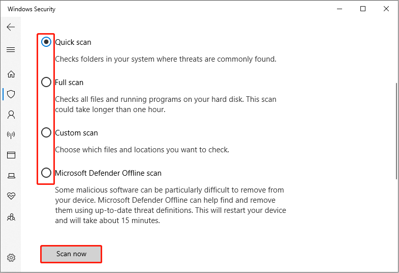 The Windows Security interface, displaying a series of scan options, with a Scan now button selected.