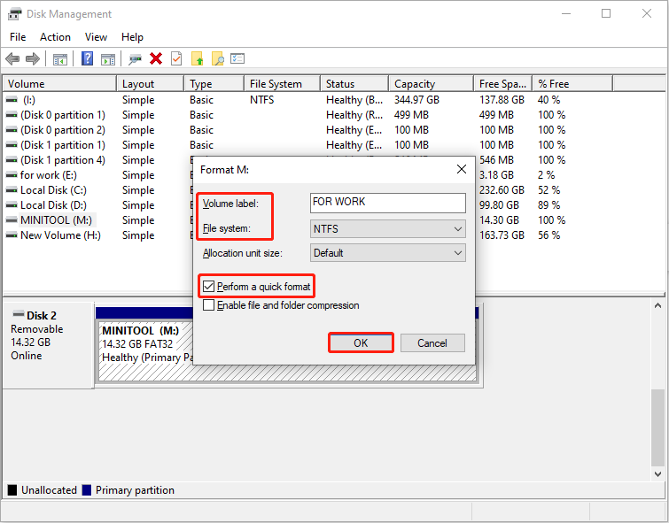 The Disk Management interface with volume label and file system options selected shows how to format an SD card.