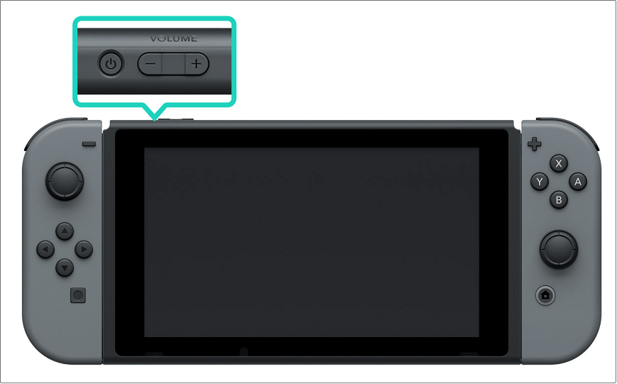 The image showing a Nintendo Switch highlighted with the POWER and Volume buttons on the top of the console.
