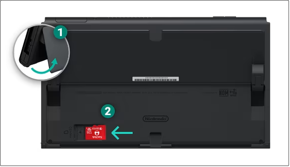 The diagram displaying the microSD card inserted into the slot under the adjustable stand on Nintendo Switch OLED Model.