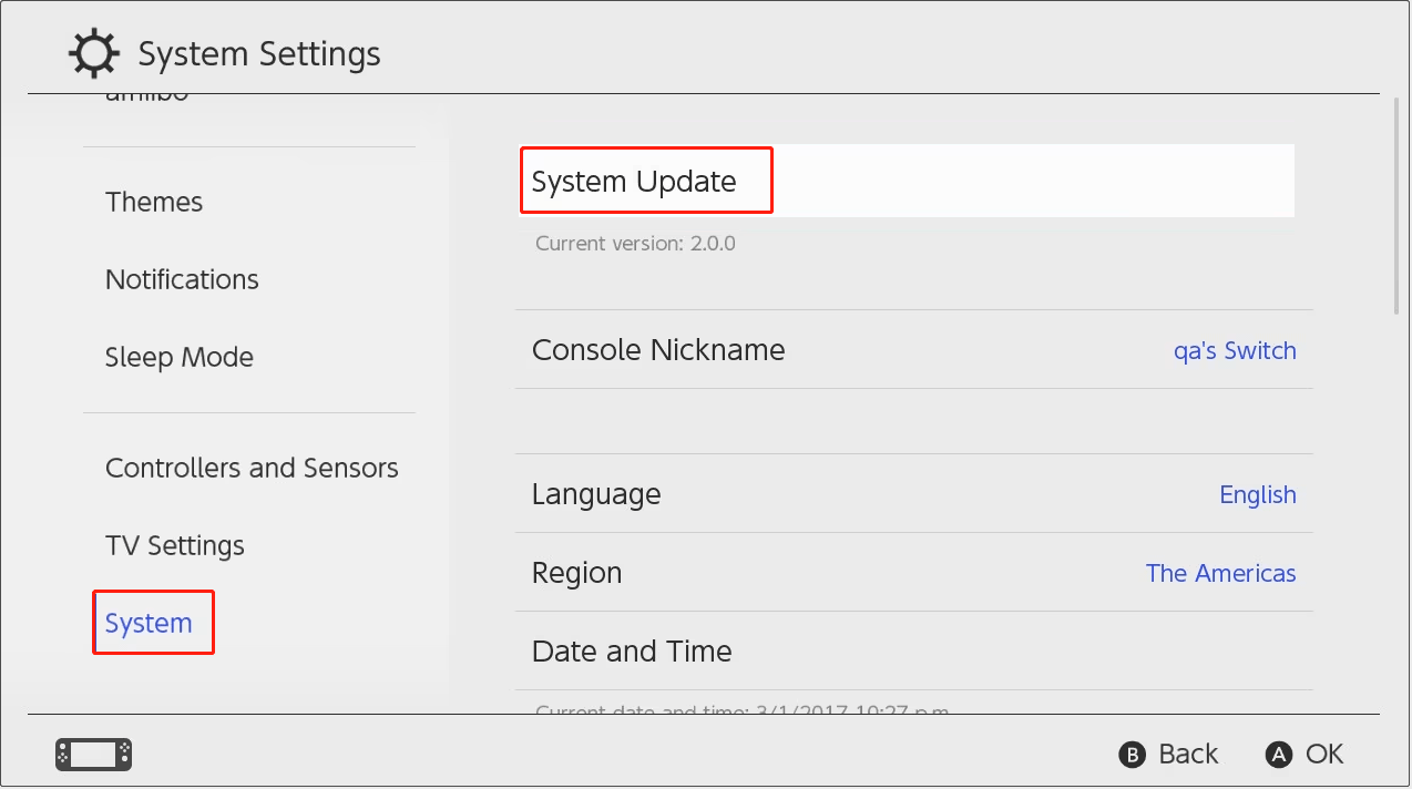 The System Settings interface of Nintendo Switch with System and System Update options highlighted.