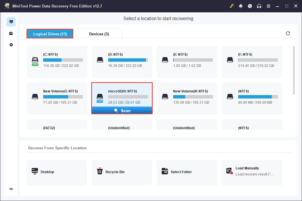 The Logical Drives interface in MiniTool Power Data Recovery with Scan highlighted to scan the target microSD card.