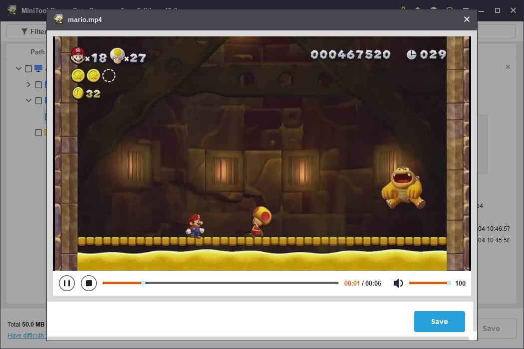 The preview window of MiniTool Power Data Recovery displaying the game interface on the Nintendo Switch.
