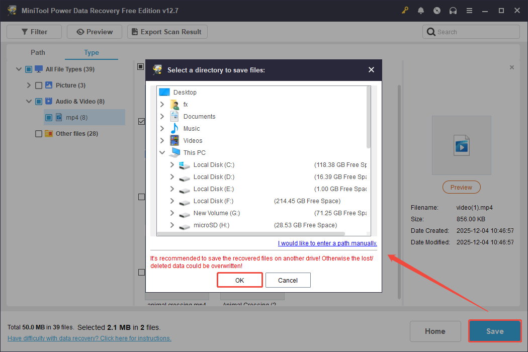 MiniTool Power Data Recovery interface showing the Save dialog with listed save paths for storing recovered files.