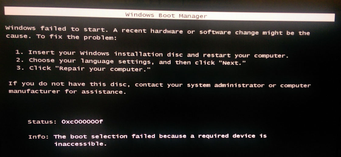 The boot selection failed because a required device is inaccessible error.