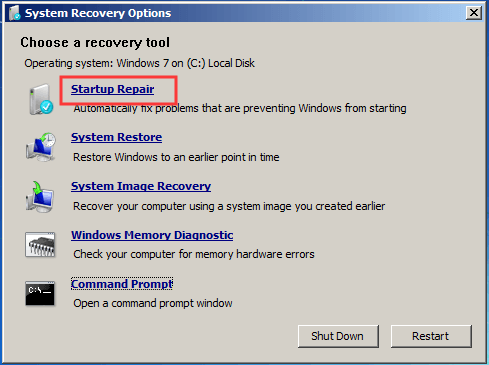 The System Recovery Options window with selected Startup Repair in Windows 7.