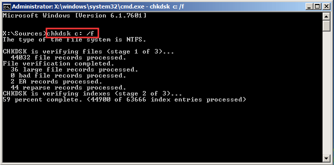 The Command Prompt window in Windows 7 with the chkdsk f command.