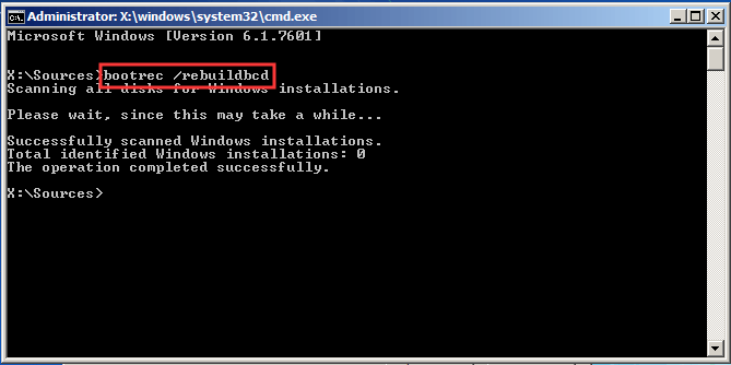 The Command Prompt window with the rebuild BCD command.