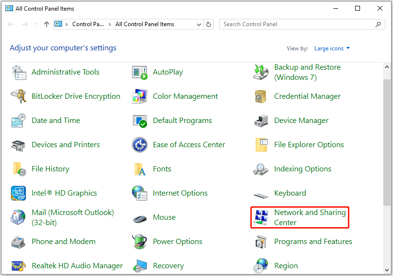 The interface of Control Panel with selected Network and Sharing Center.