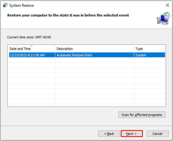 The System Restore interface displaying available restore points for selection.