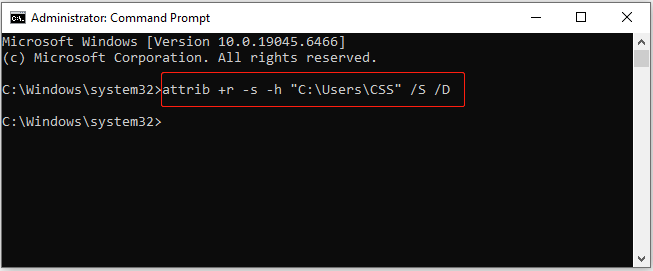 Command Prompt window showing the execution of the Attrib command to unhide the CSS folder in Users.