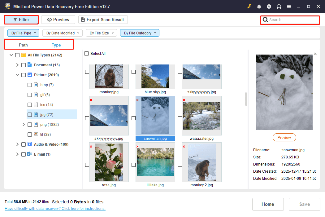 MiniTool Power Data Recovery window opened to the Type tab, with Filter and Search features highlighted in the top area.