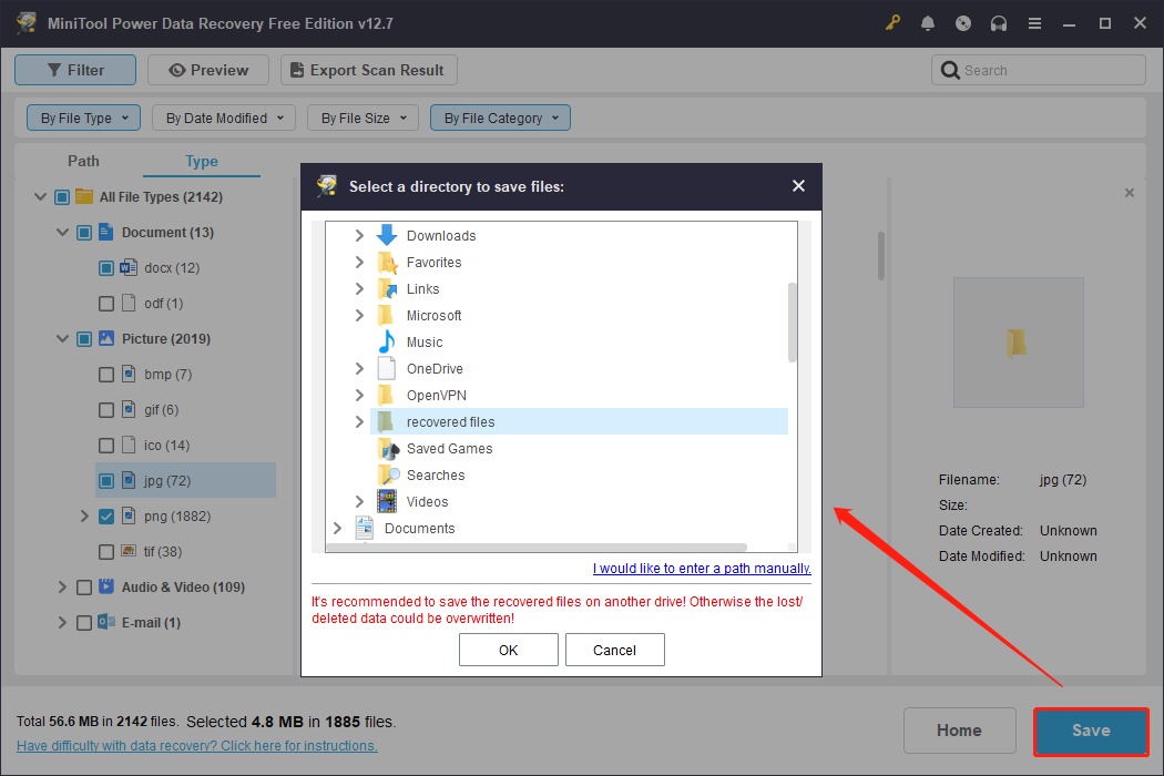 MiniTool Power Data Recovery window with Save checked, displaying a directory selection dialog for saving files.