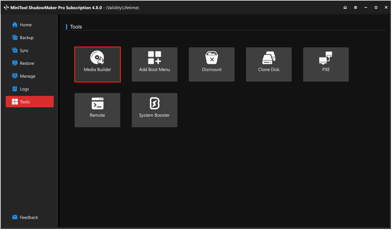 The interface of MiniTool ShadowMaker with selected Media Builder.