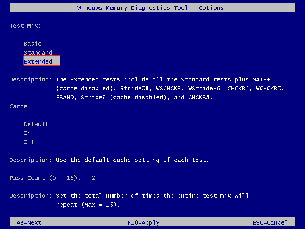The Windows Memory Diagnostics Tool Options page with selected Extended.