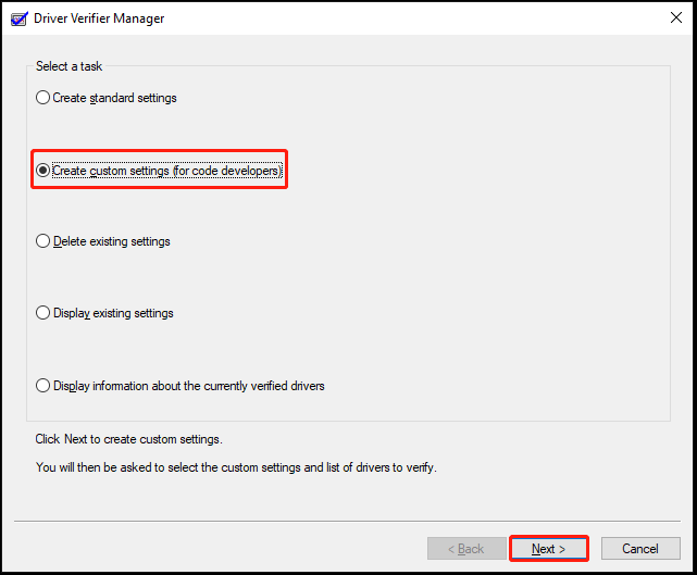 The interface of Driver Verifier with selected Create custom settings.