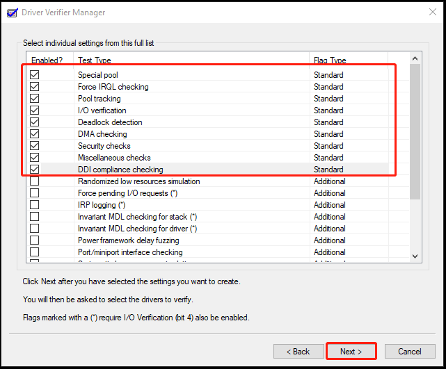 The interface of Driver Verifier Manager with selected Standard tests and Next.