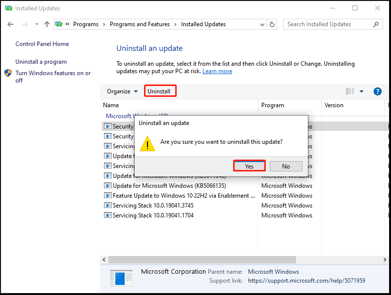 The installed Updates page with selected Uninstall and Yes.