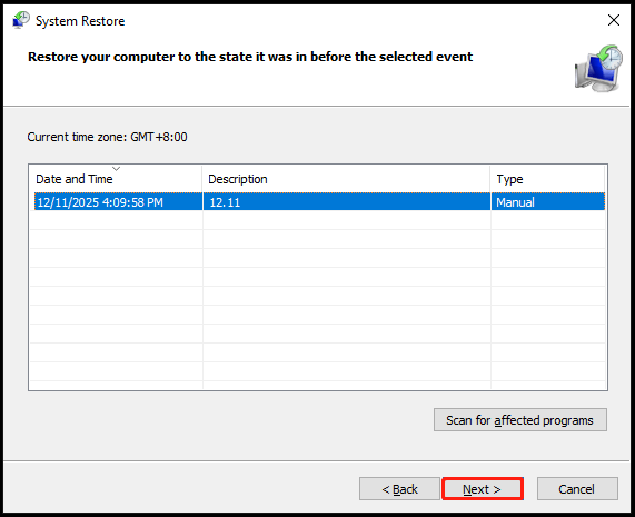 The interface of System Restore with select Next.