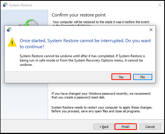 The interface of System Restore with selected Finish and Yes.
