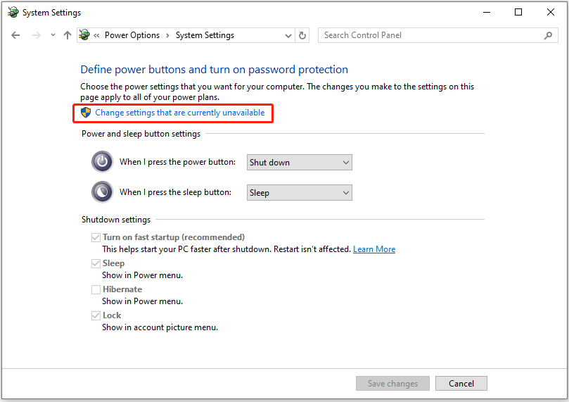The System Settings page of Control Panel with selected Change settings that are currently unavailable.