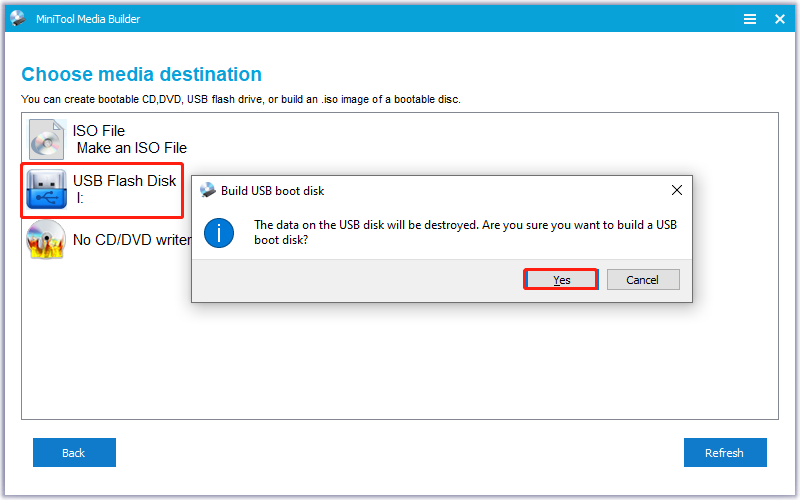 The interface of MiniTool Media Builder with selected USB Flash Disk and Yes.