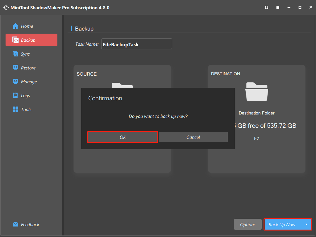 The interface of MiniTool ShadowMaker with selected Back Up Now and OK.