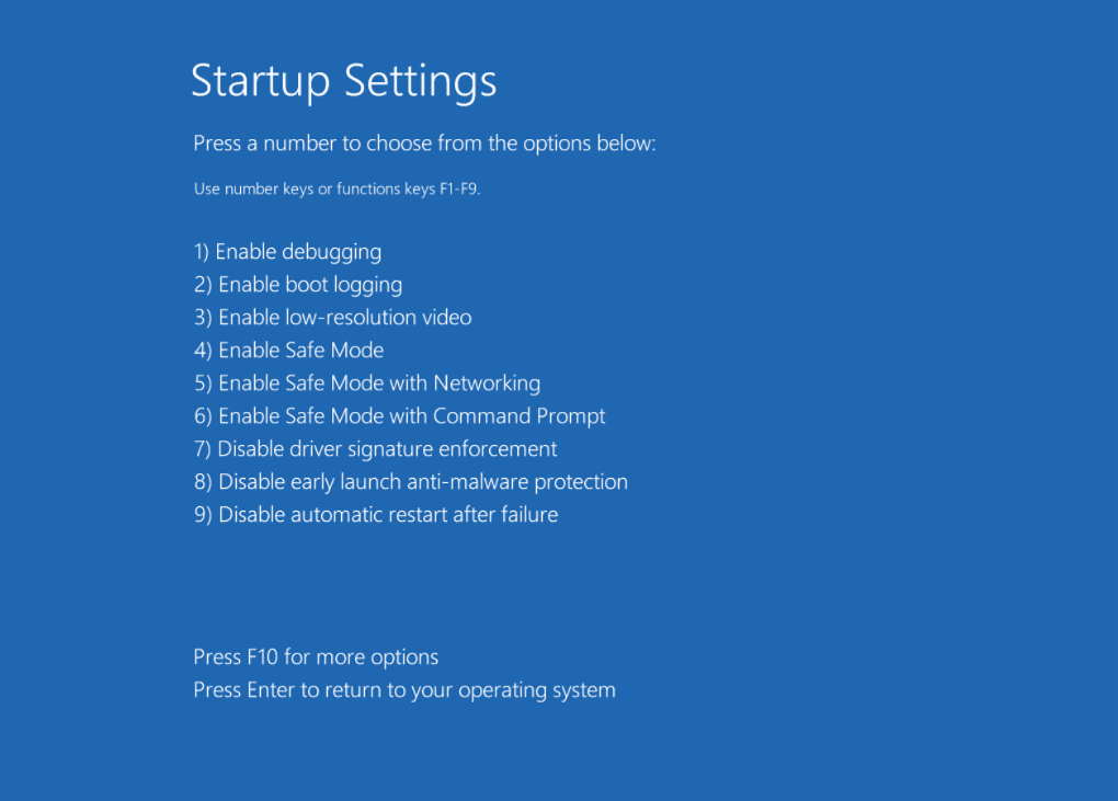 The Startup Settings page in the WinRE environment.