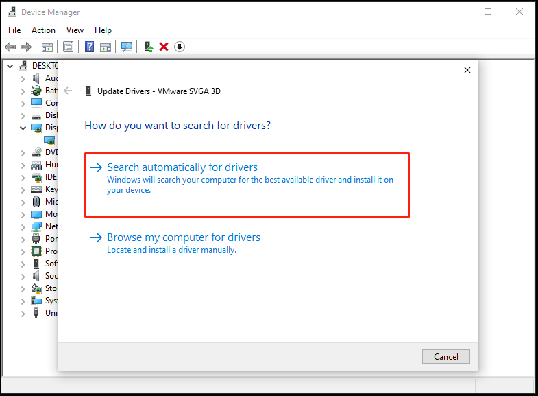 The interface of Device Manager with selected Search automatically for drivers.