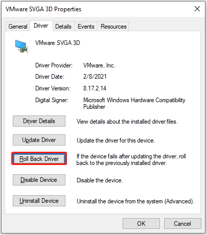 The interface of driver Properties with selected Roll Back Driver.