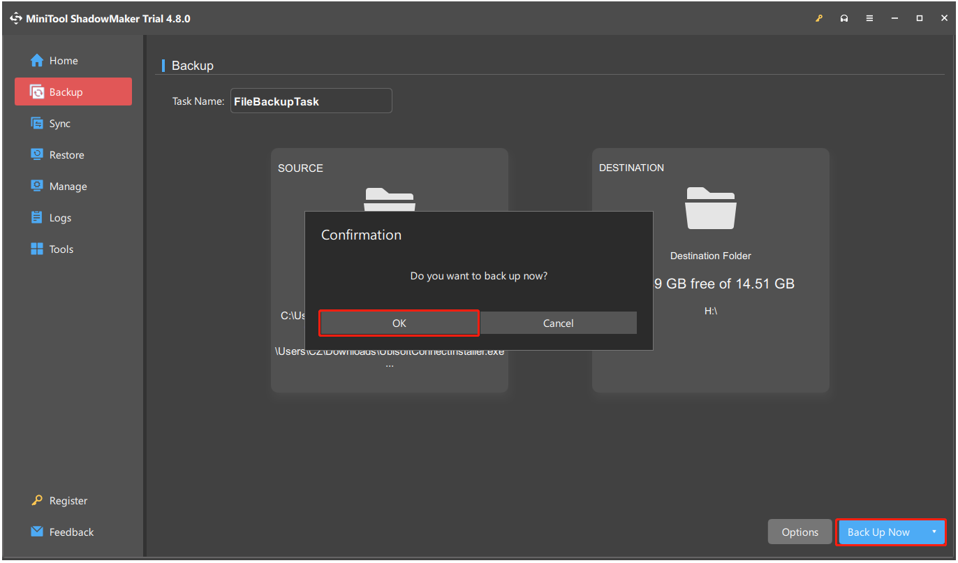 The interface of MiniTool ShadowMaker with selected Back Up Now and OK.