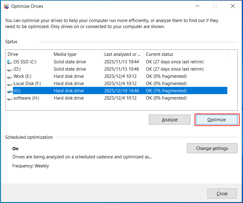 The Optimize Drives interface with the selected drive and Optimize button for defragment.