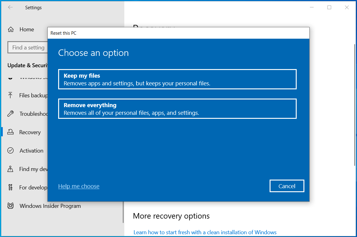 The Reset this PC window with two options to either keep files or remove everything.