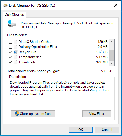 The Disk Cleanup window with selected files to delete for freeing up space.