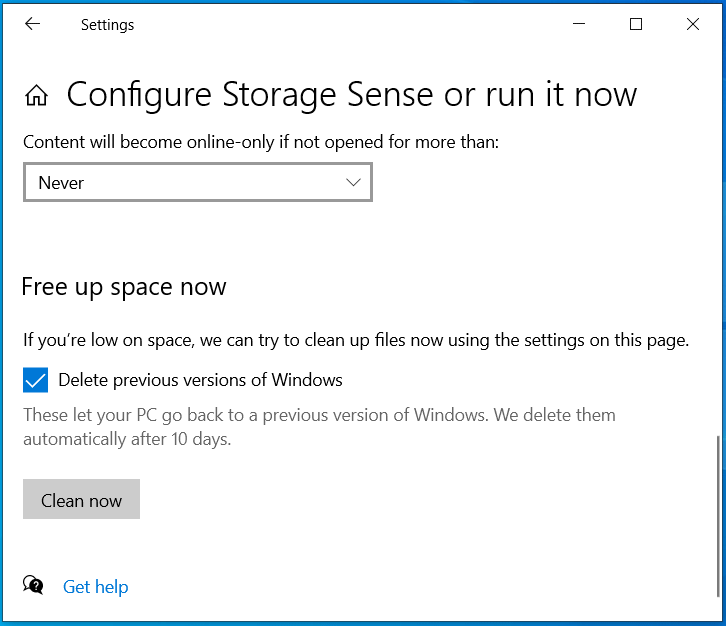 The Storage Sense window to free up space now.