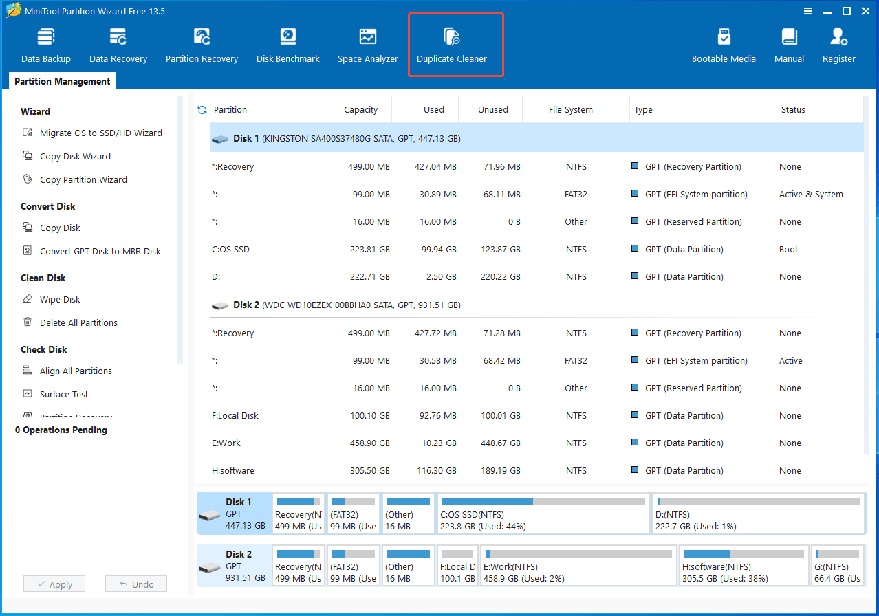 The MiniTool Partition Wizard interface with the Duplicate Cleaner feature selected.