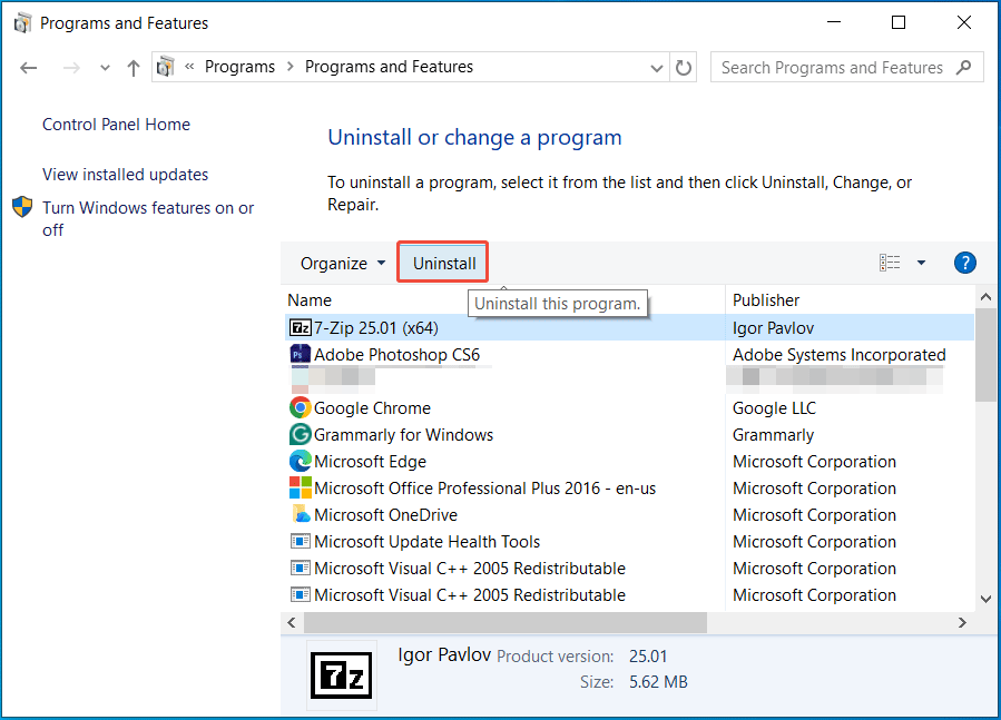 The Programs and Features window in Control Panel with the selected uninstall button.