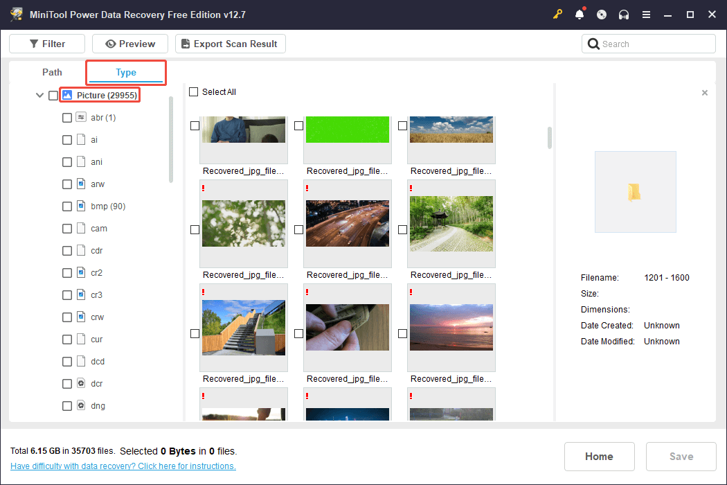 The Type interface in MiniTool Power Data Recovery showing the files selected from the Picture file type.